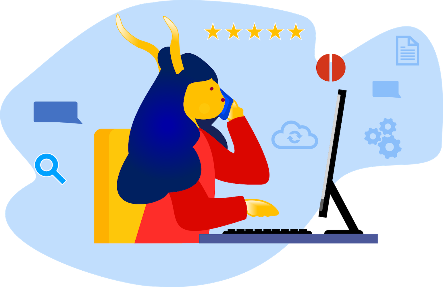 Illustration of a female talking on the phone while being in front of a computer